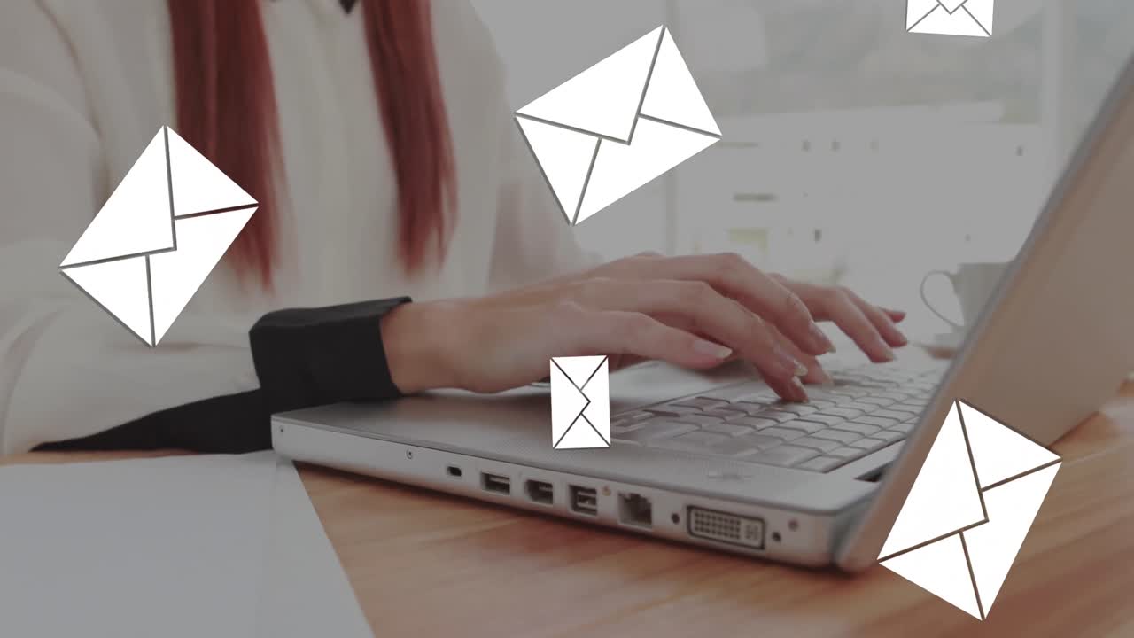 Woman with red hair typing on laptop 4k