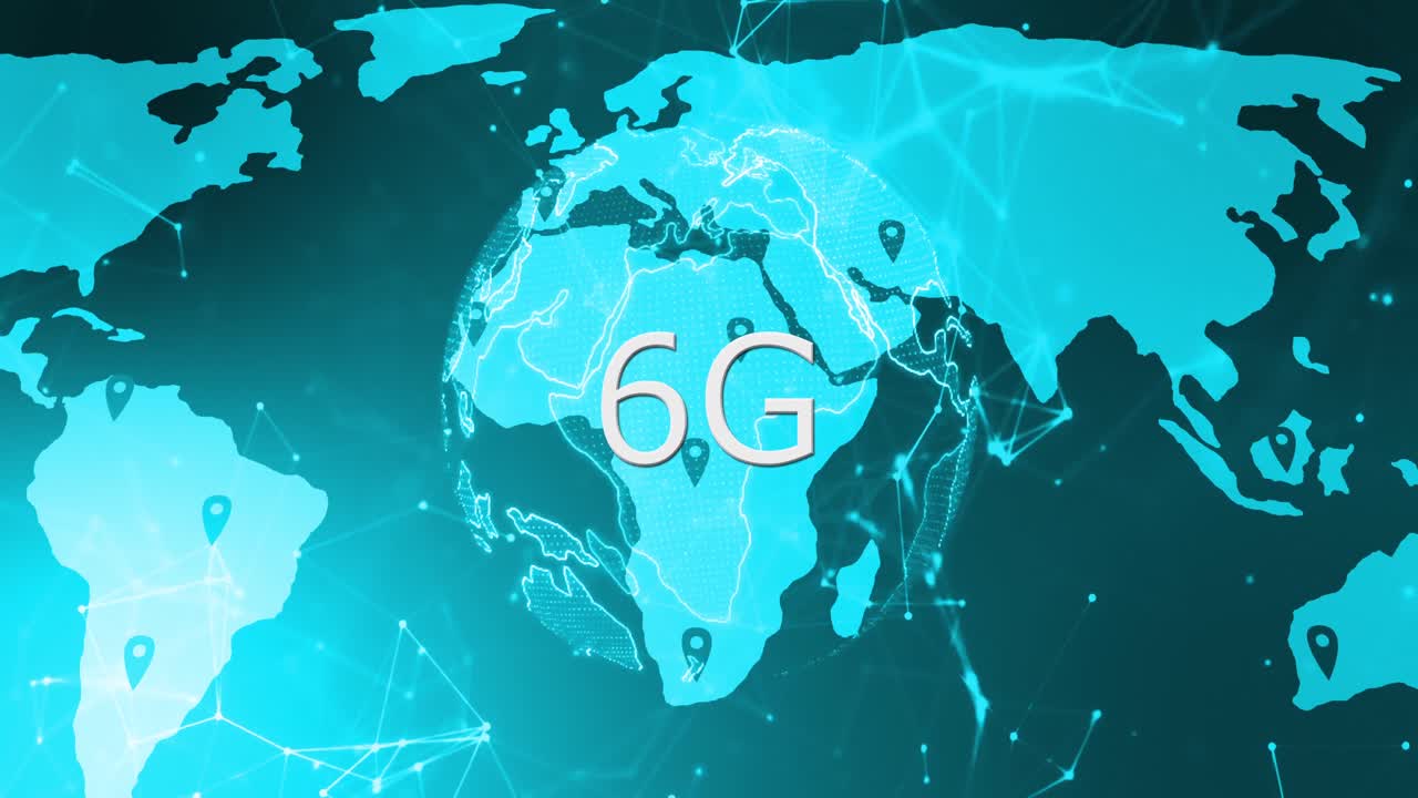 파란색 배경에 회전하는 지구, 연결 및 6g의 애니메이션