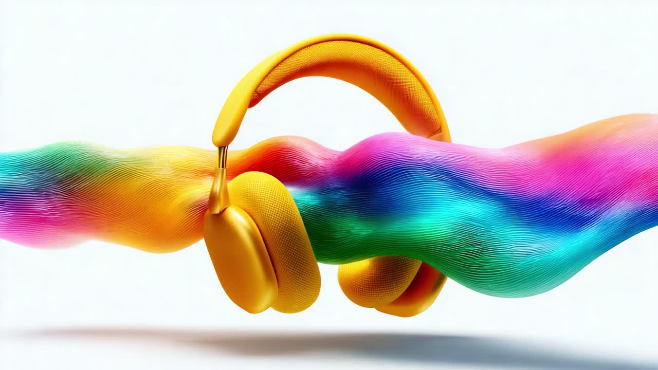 A striking visualization of vibrant colors and dynamic waves intertwining with a pair of yellow headphones, symbolizing the captivating experience of music and sound