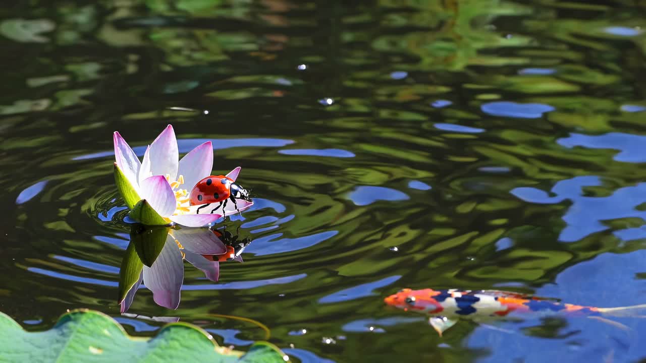 Ladybug on a Lotus Flower in a Pond