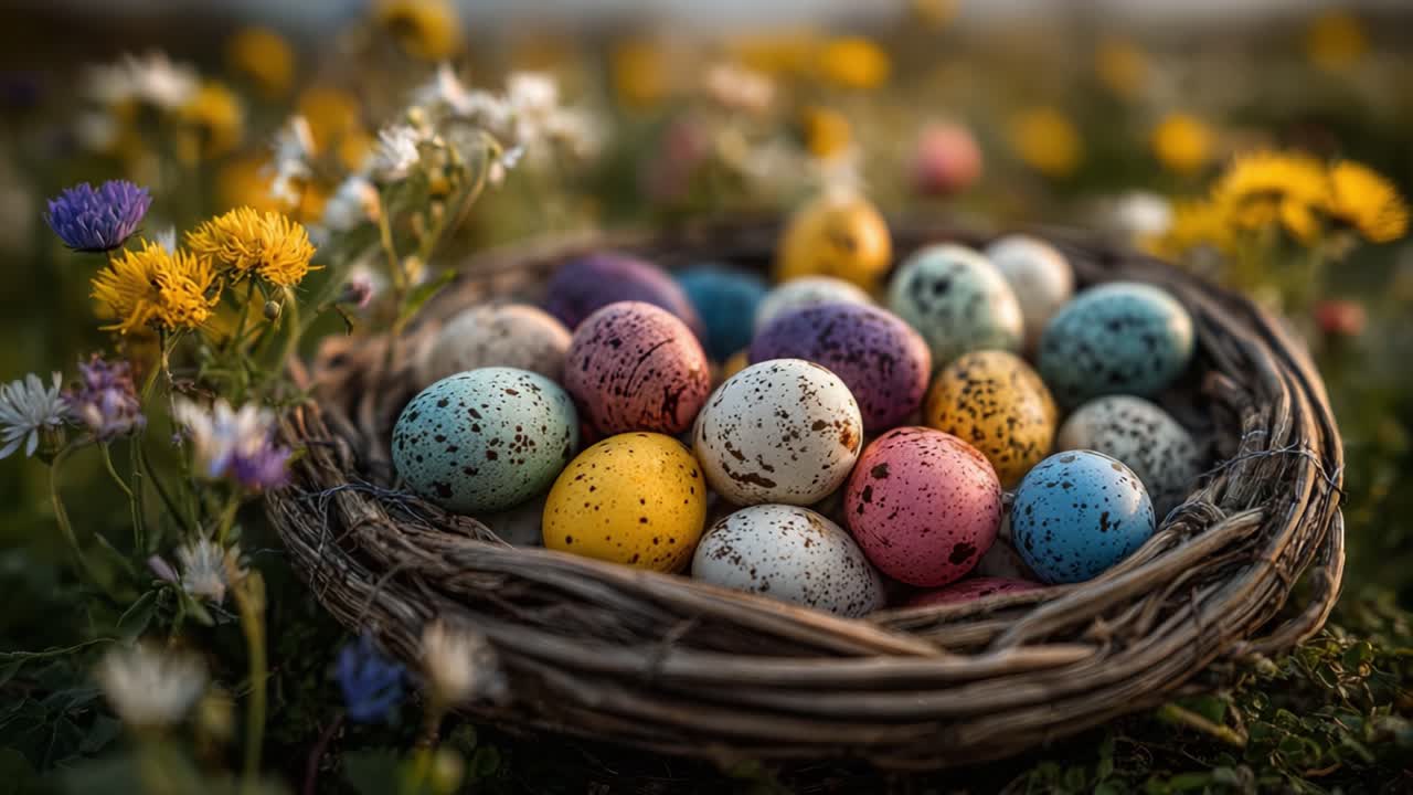 A Beautiful Nest of Colorful Easter Eggs Surrounded by Vibrant Wildflowers in a Picturesque Setting, Symbolizing Joy and Renewal of Springtime