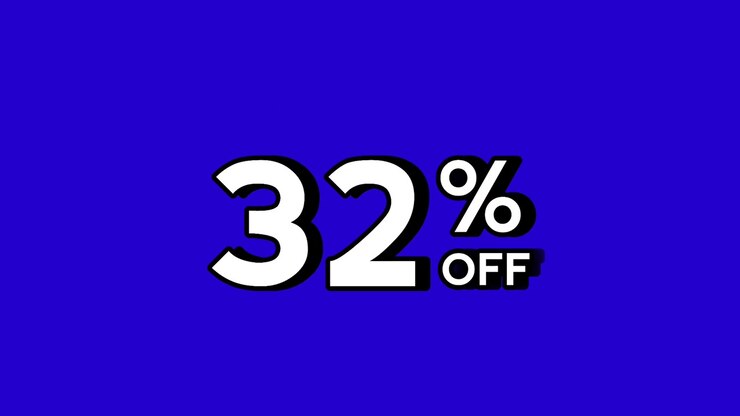 Testo "32% di sconto", etichetta, segno, simbolo, animazione motion graphic con effetti speciali di fuoco su sfondo a schermo blu. Video: prezzo scontato per il Black Friday o concetto di vendita all'ingrosso e affari.
