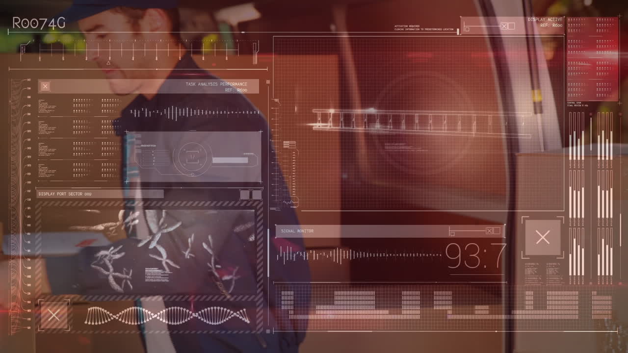 animación del procesamiento de datos sobre un mensajero caucásico masculino