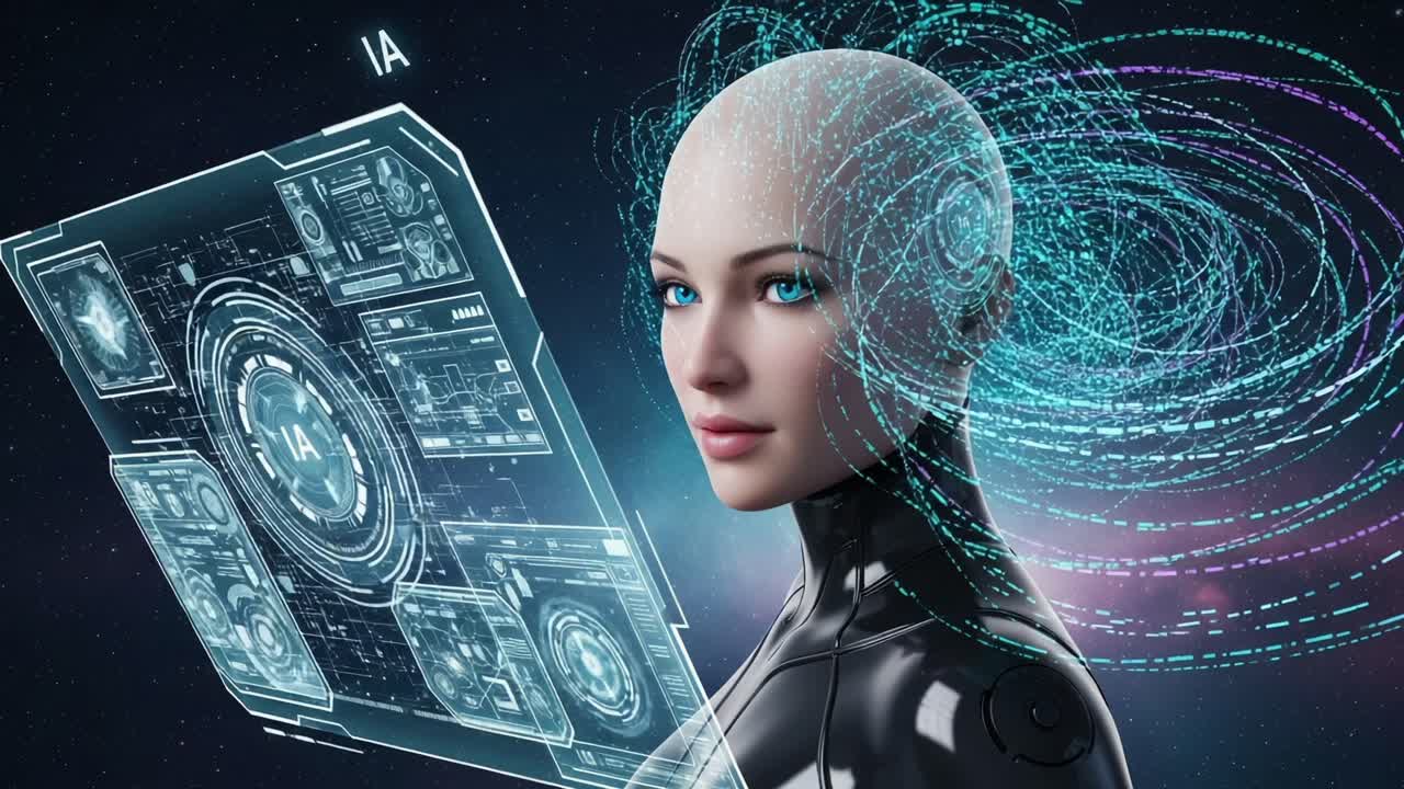 A Futuristic AI Interface Displaying Advanced Technology Features with a Robo-Human Hybrid and Data Visualizations in a Cosmic Background