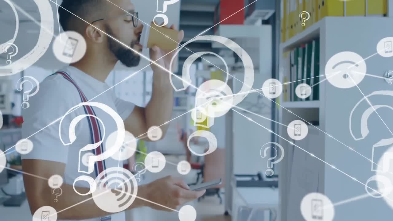 animación de una red de iconos digitales sobre el hombre utilizando un teléfono inteligente