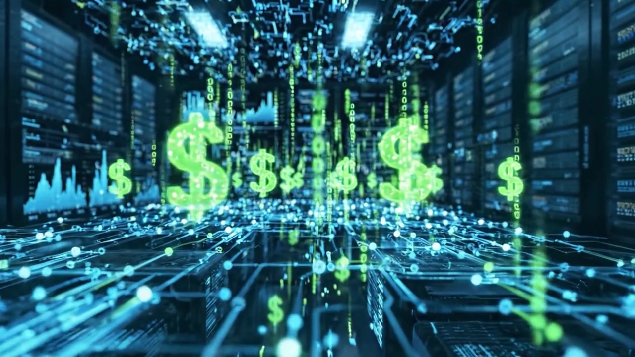 A Glimpse into the Future of Financial Technology: Visualizing Digital Currency and Monetary Transactions in a High-Tech Server Environment