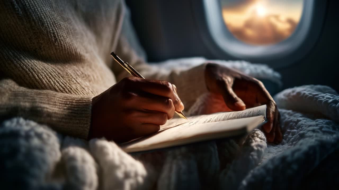Catturare momenti: serenità nei cieli mentre un viaggiatore annota pensieri avvolto nel comfort, sguardo fisso fuori dal finestrino dell'aereo verso un bellissimo tramonto