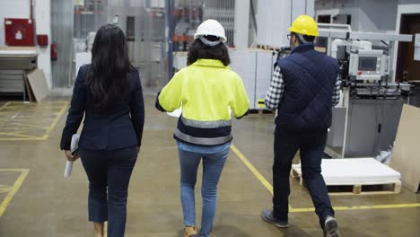 Vista-Posterior-De-Los-Trabajadores-De-La-Fábrica-Caminando-En-La-Planta