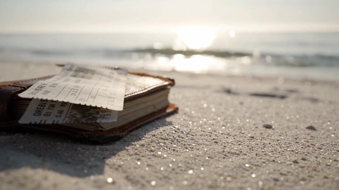 A Travel Journal and Tickets Resting on Sandy Shoreline with Ocean Waves in the Background Reflecting Morning Light