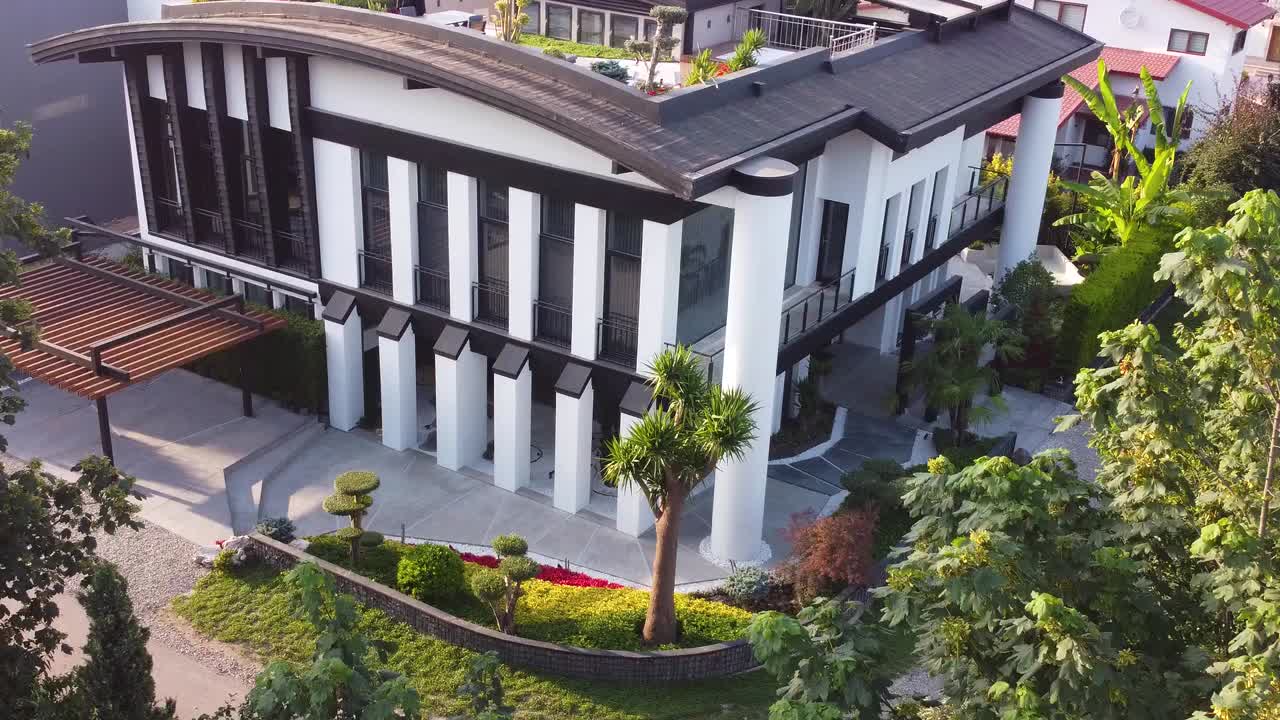 Tropical garden modern architecture luxury resort house real estate concept of countryside villa in rural village outdoor vacation rooftop design barbecue on roof grill party in tropical climate