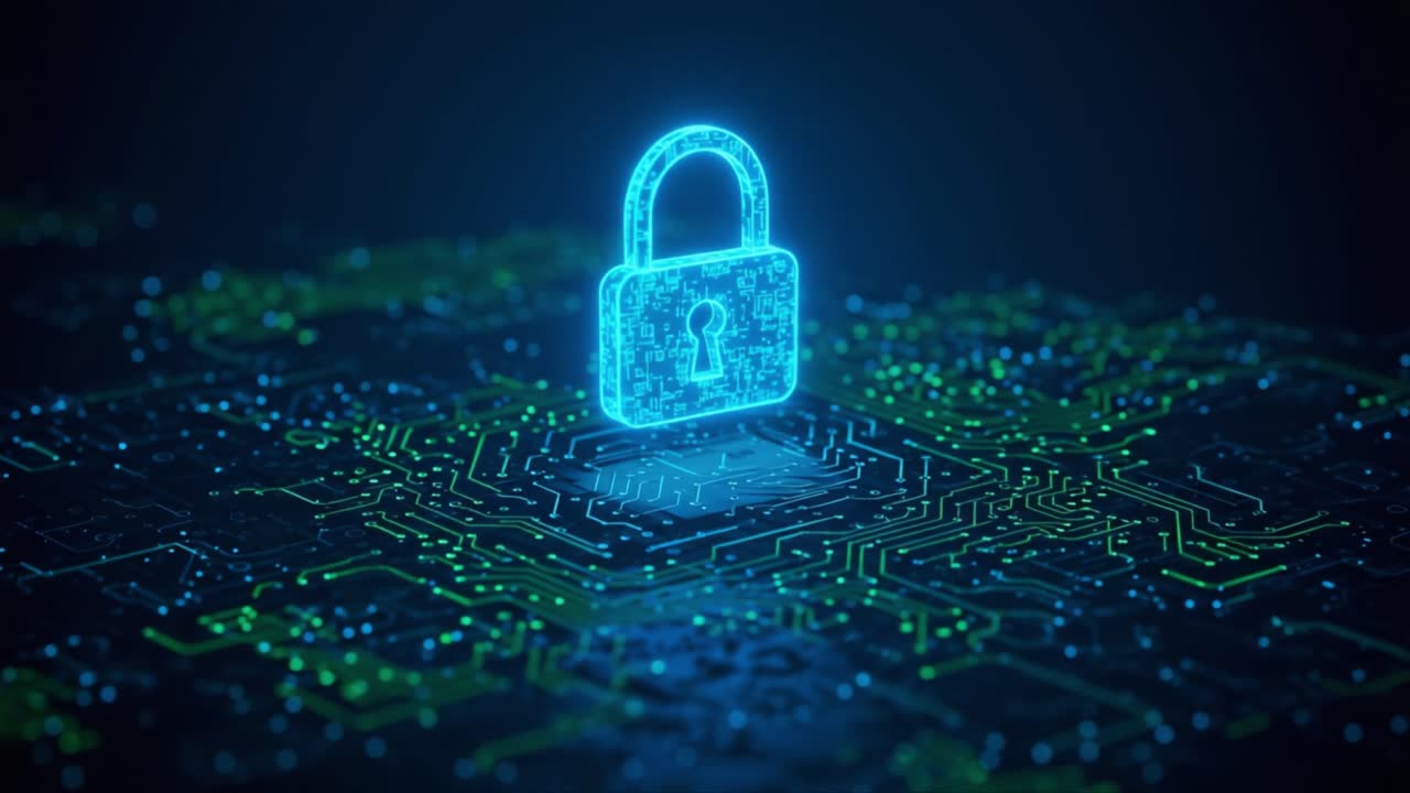 A Glowing Cybersecurity Lock Symbolizing Digital Protection and Encryption on a Circuit-like Background, Emphasizing the Importance of Data Security in the Digital Age