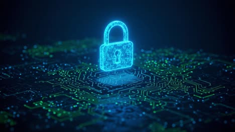 a glowing cybersecurity lock symbolizing digital protection and encryption on a circuit-like background, emphasizing the importance of data security in the digital age