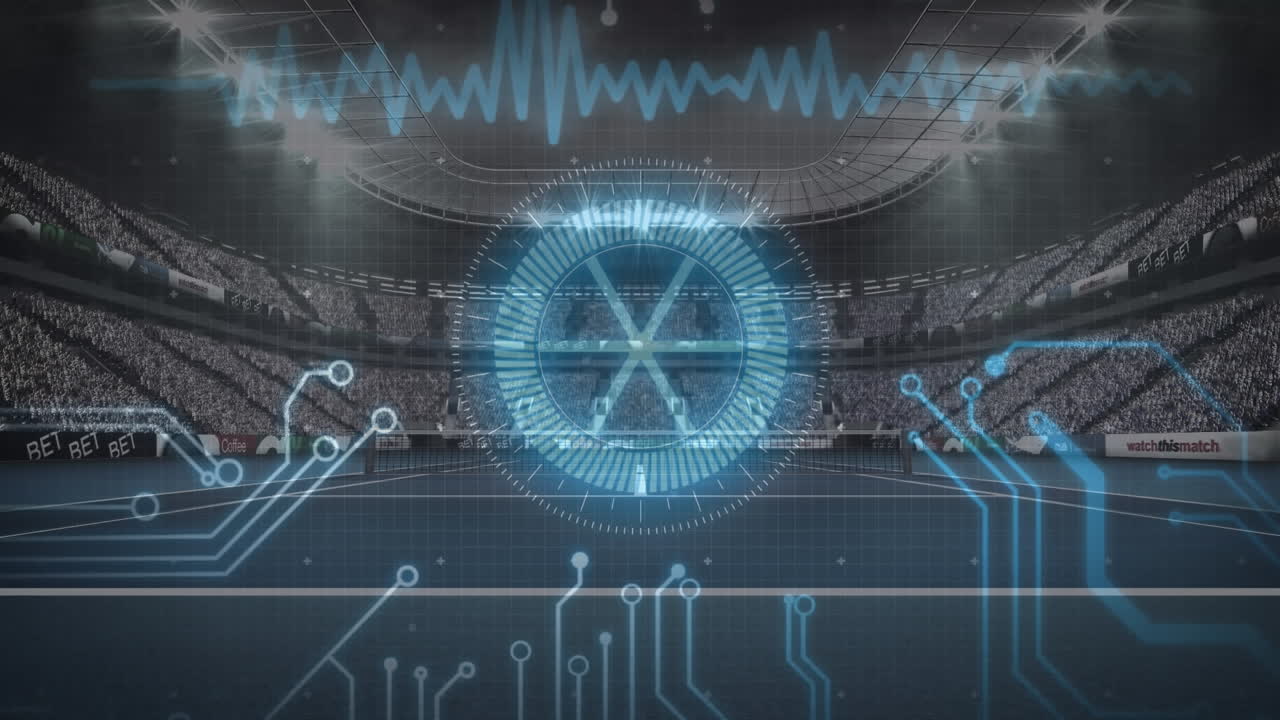 animación de la placa de circuito y procesamiento de datos sobre el estadio deportivo