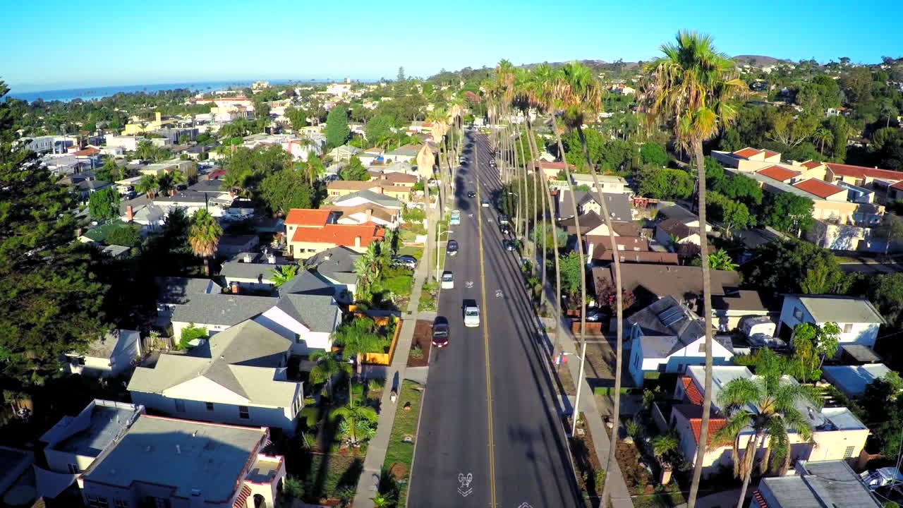 남부 캘리포니아 1의 야자수가 늘어선 거리 위로 공중 촬영 상승