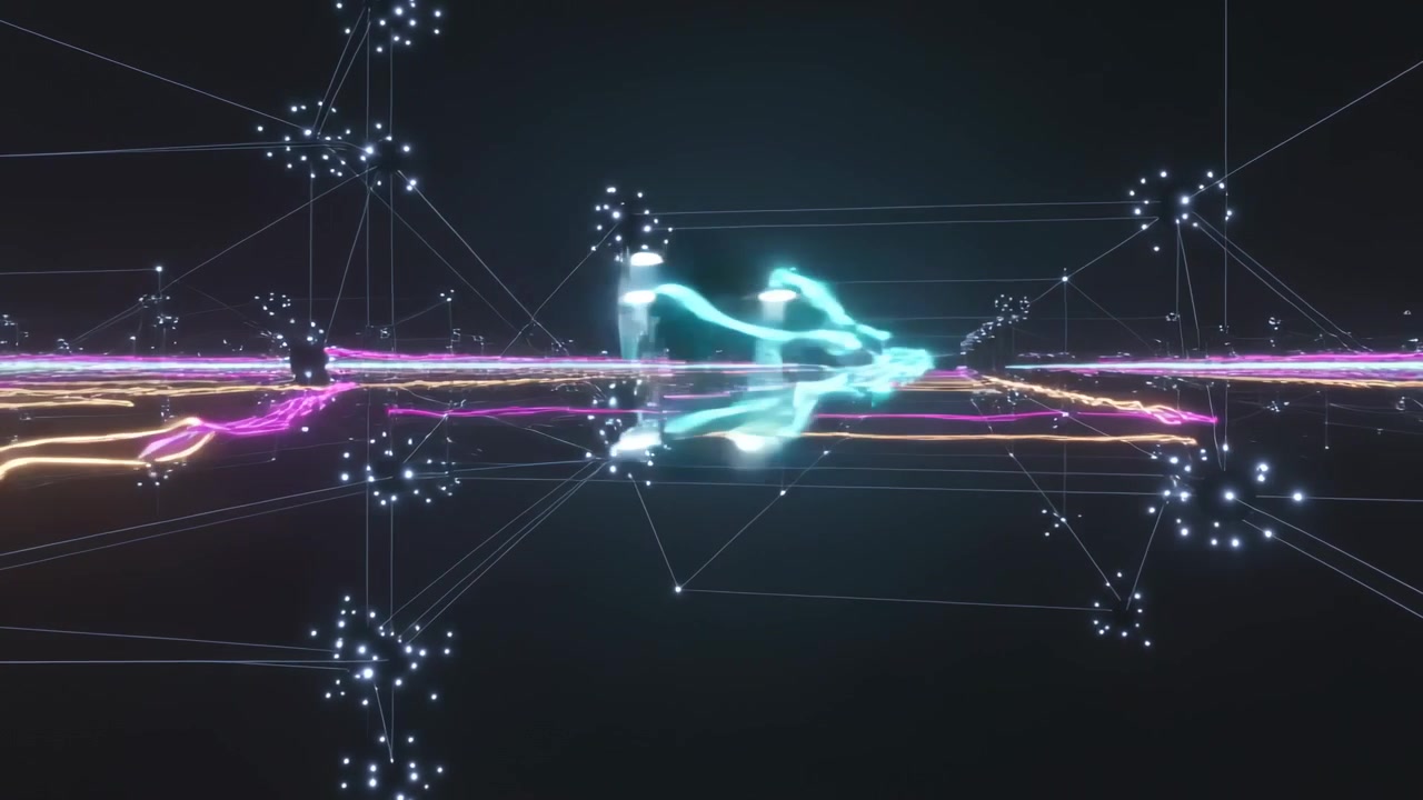 Streaming cyan magenta orange ribbons rerouting across 3D network, pulse perturbing node lattice