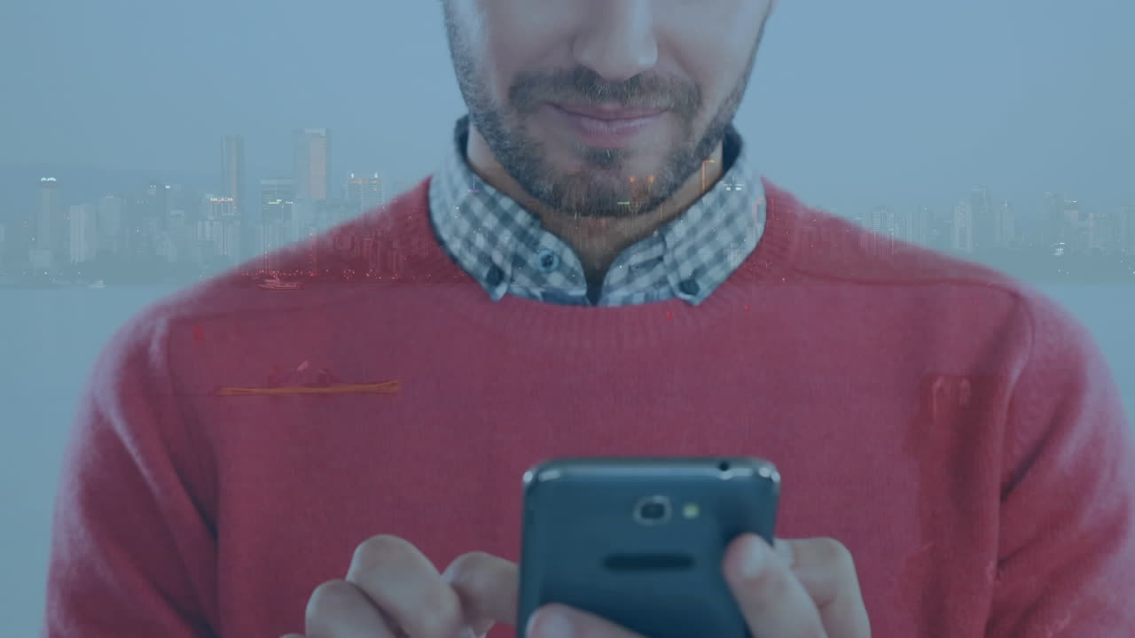 animación de un hombre usando un teléfono inteligente sobre el paisaje urbano