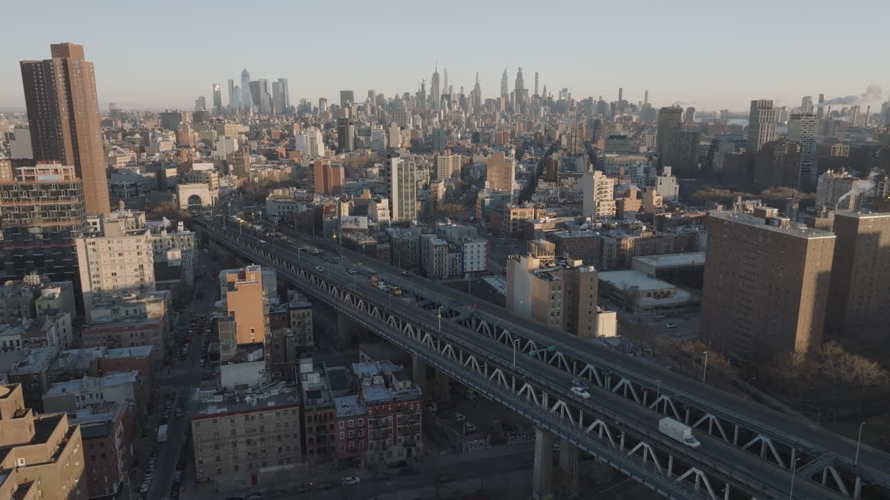 Aerial view of New York City. Shot on a winter morning in Lower Manhattan