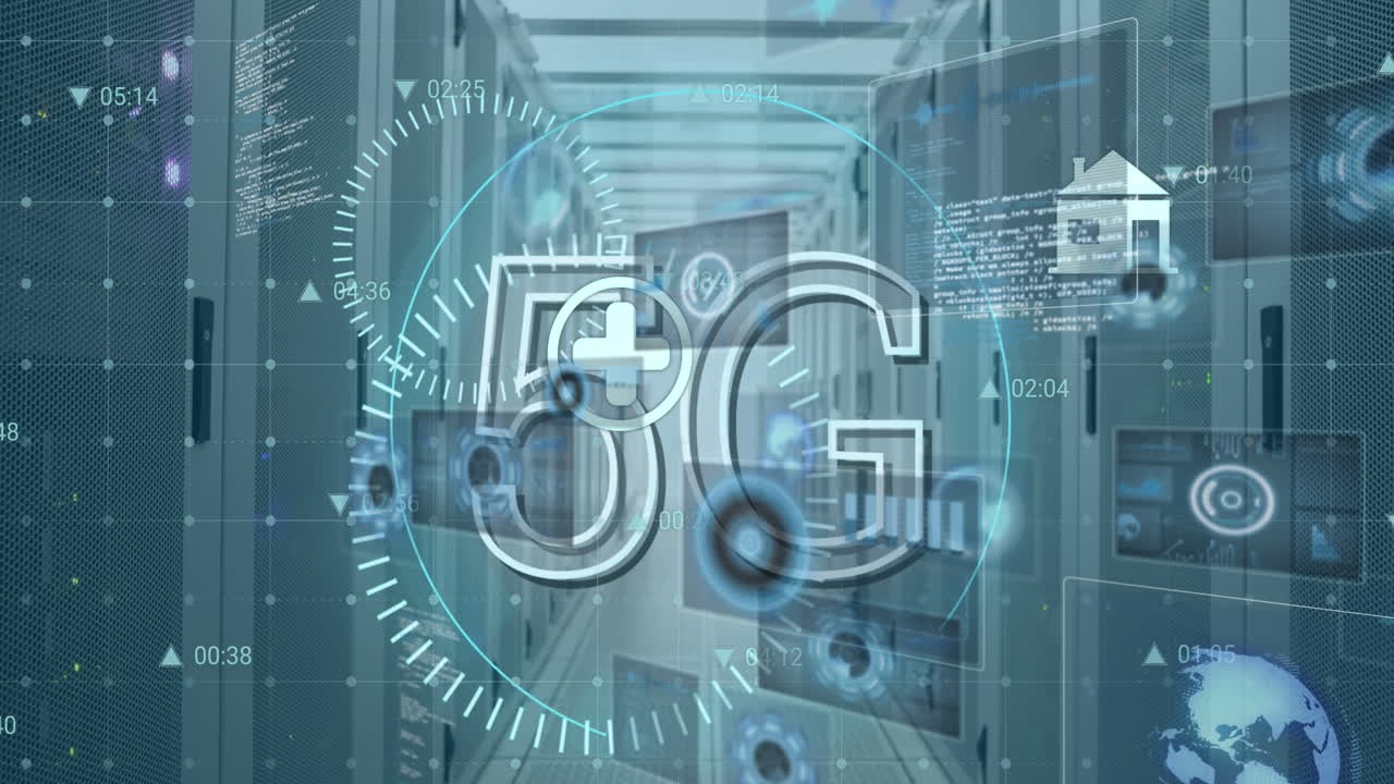 animación de banner de texto 5g, iconos digitales y procesamiento de datos contra la sala de servidores de computadora