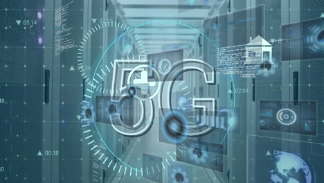 animation of 5g text banner, digital icons and data processing against computer server room