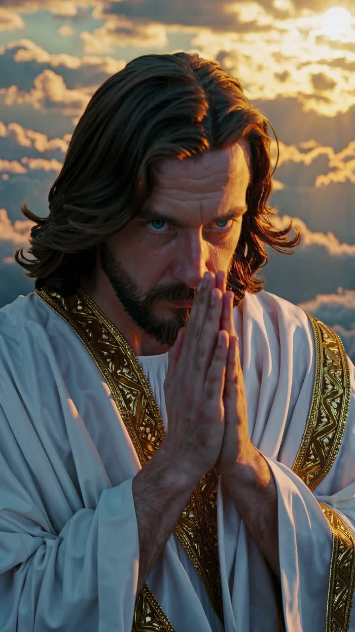 Jesus Christ, wearing a white robe with gold decorations, is praying with his hands joined together, with a beautiful sunset and clouds in the background