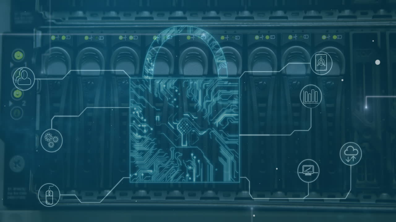 Security padlock icons and microprocessor connections against close up of computer server