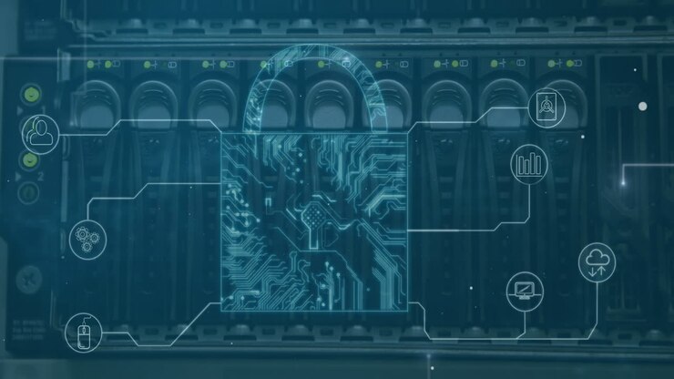 Security padlock icons and microprocessor connections against close up of computer server