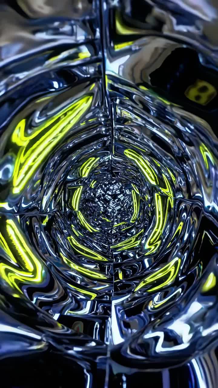 Curved metallic tunnel glowing with vibrant yellow neon, generating futuristic digital ambiance, highlighting technological innovation and virtual reality aesthetics