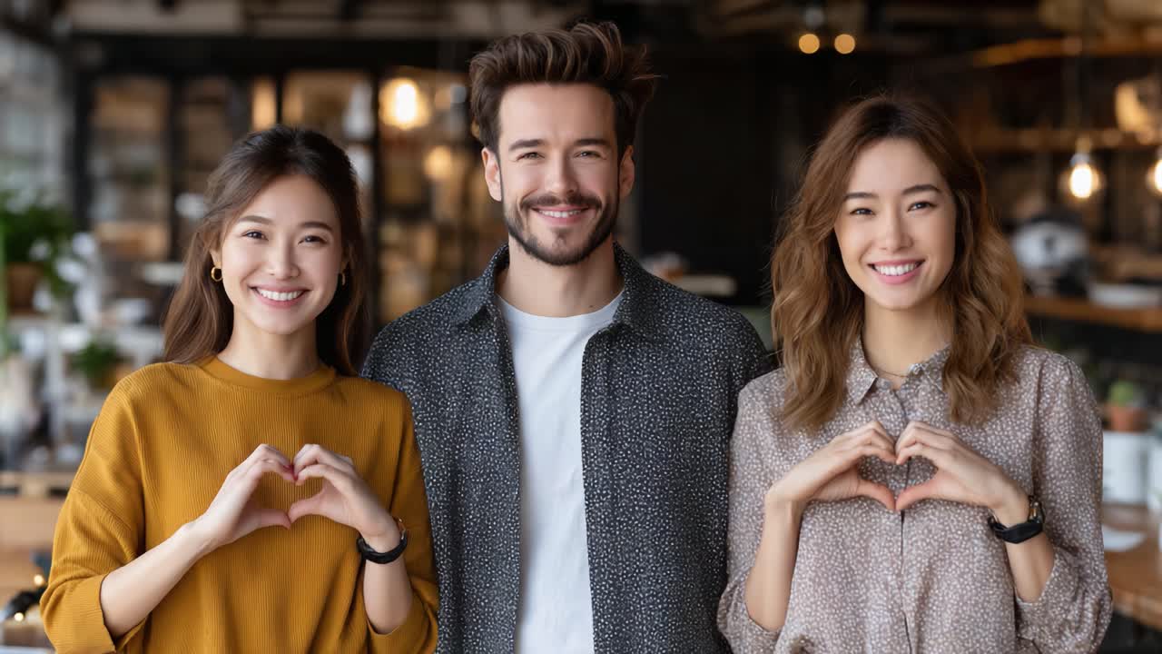 Joyful Friends Expressing Love and Friendship in a Cozy Café Setting with Heart-Shaped Gestures, Showcasing Connection, Happiness, and Togetherness in Their Smiles