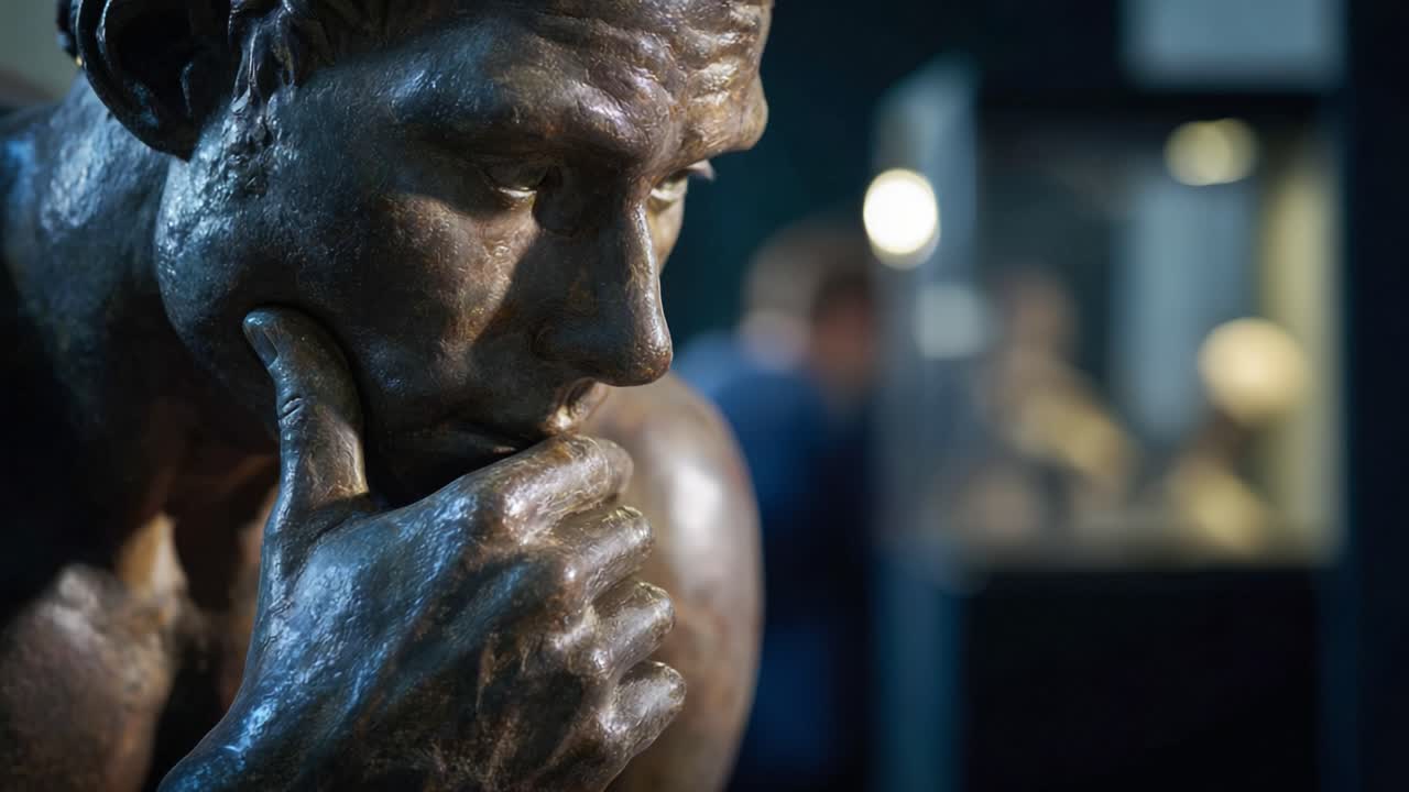 A detailed view of a thought-provoking bronze sculpture, capturing the intricate features and reflective expression of the subject in a museum setting
