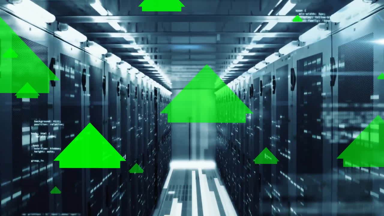 Animation of green arrows and data processing over computer servers