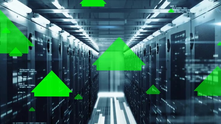 Animation of green arrows and data processing over computer servers