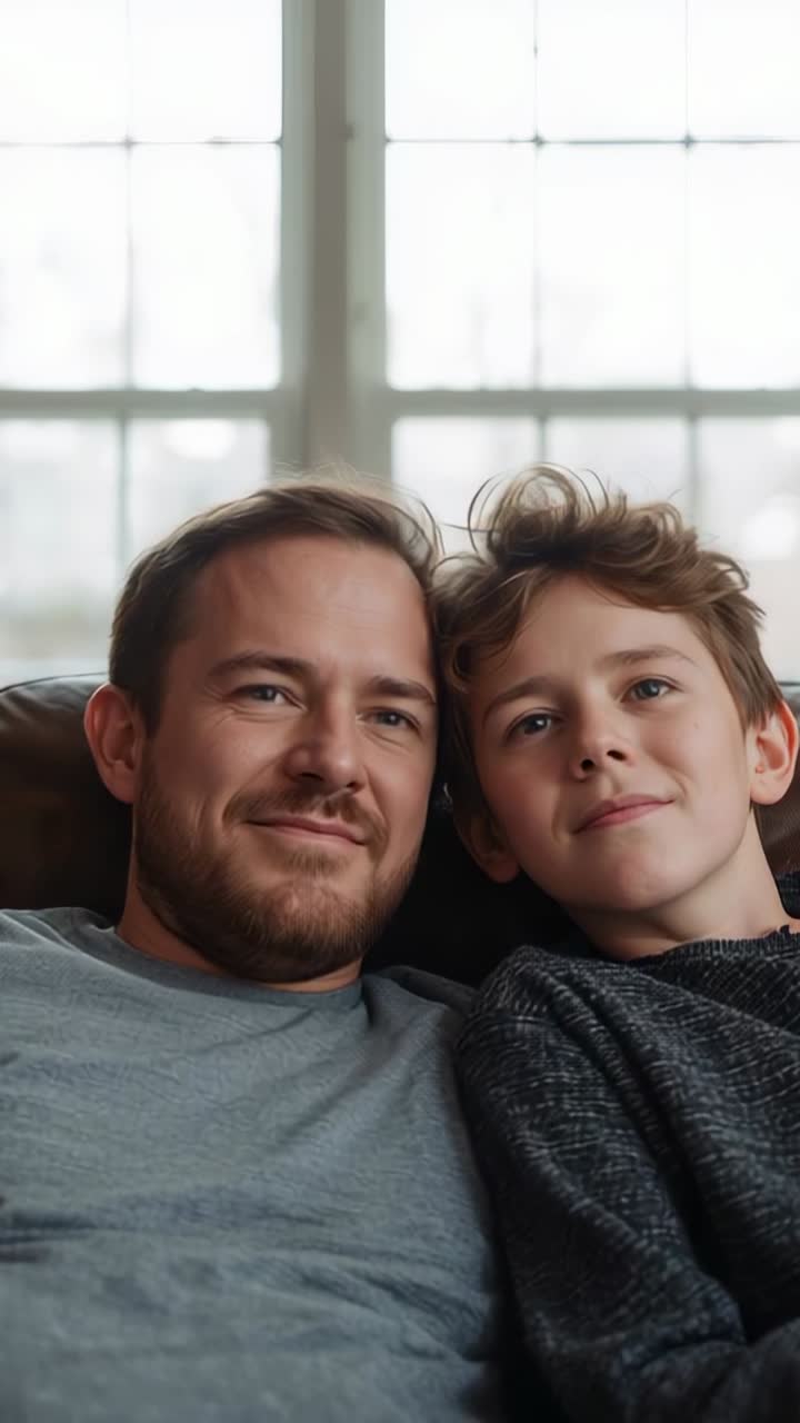 Video verticale: Padre e figlio seduti sul divano, con le teste vicine, mentre condividono un momento vicino alla finestra