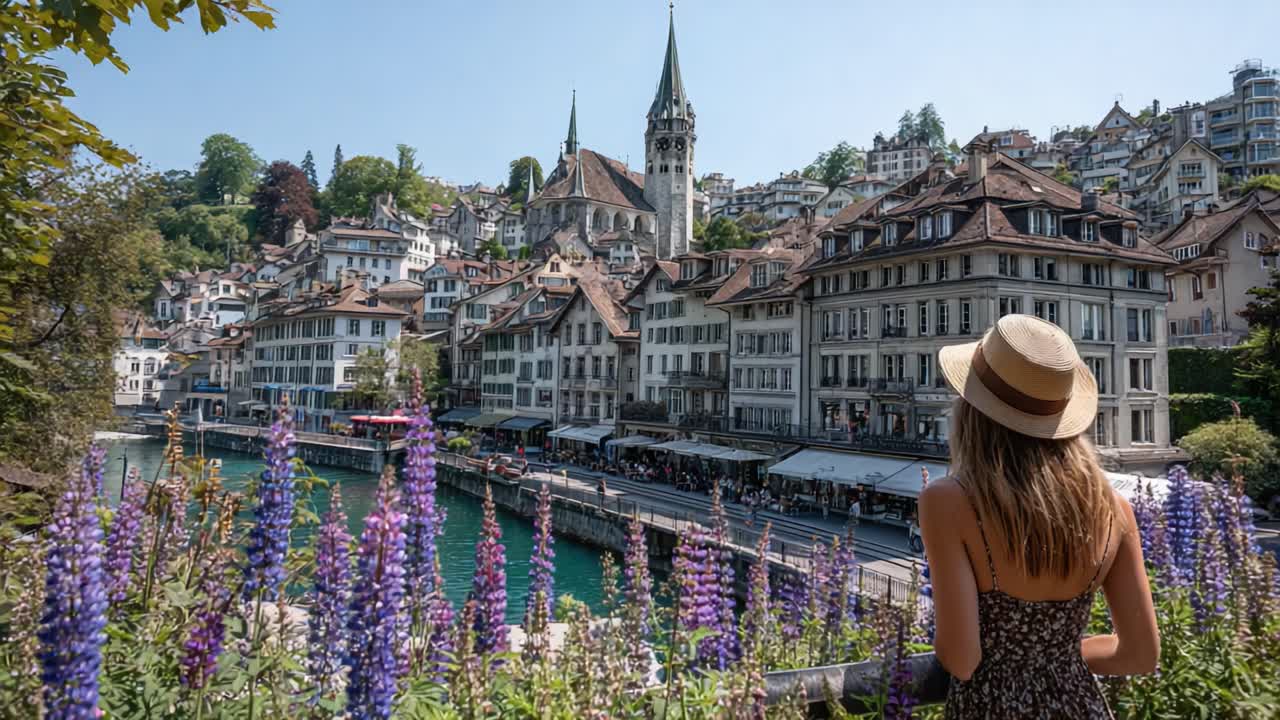 Serene Summer Day by the River: A Woman in Hat Gazes at Picturesque Cityscape Surrounded by Vibrant Flowers and Rich Architecture
