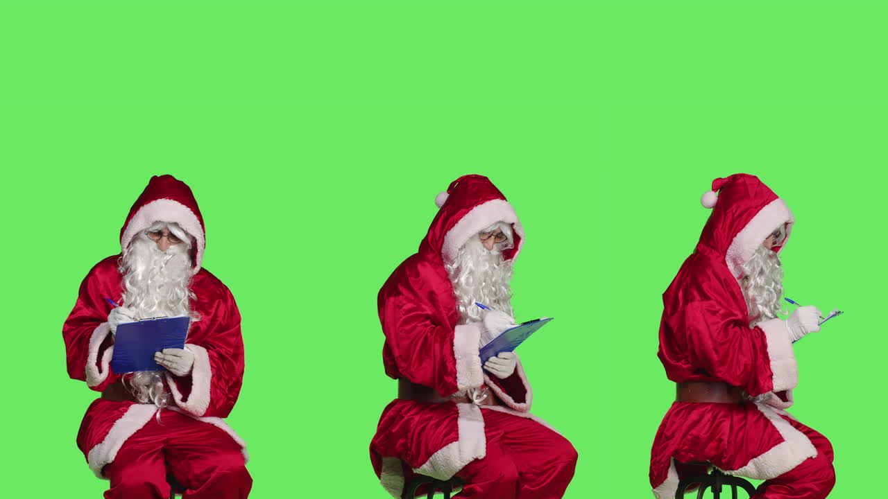 Santa Claus reviewing his checklist on green screen
