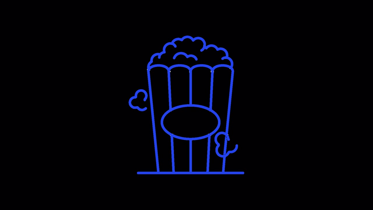 Disegno animato in line art blu di una scatola di popcorn su sfondo nero.