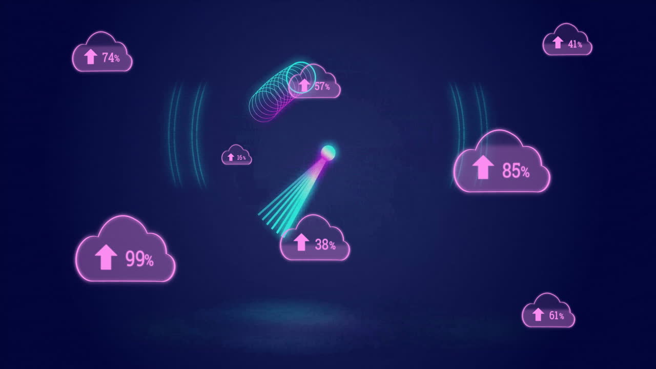Uploading percentages animation for cloud storage over dark blue background