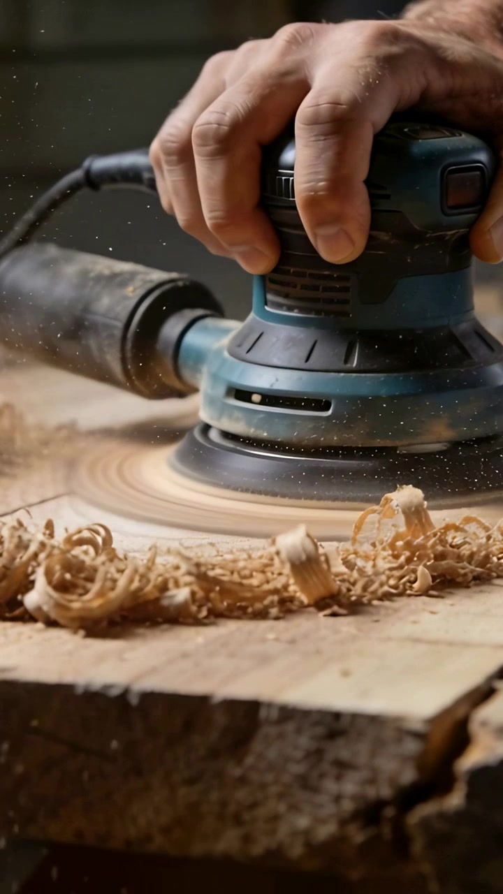 Vertical video: Powering bare arm guiding teal sander sanding plank to smooth making curls in shop