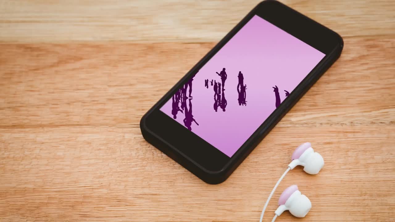 animación de un teléfono inteligente que muestra siluetas de personas en una fiesta en la pantalla
