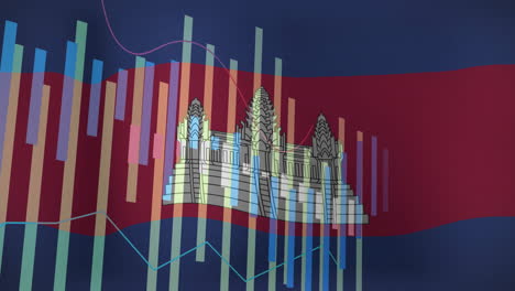 financial data processing animation over cambodian flag with angkor wat illustration