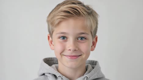 blond haired boy wearing gray hoodie standing with soft friendly smile, looking directly into camera against clean white studio background, radiating childhood innocence and natural cheerfulness