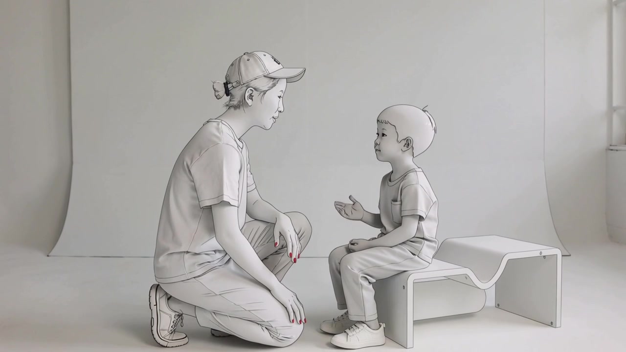 Maintaining eye contact kneeling adult wearing cap encouraging child explaining on bench in studio