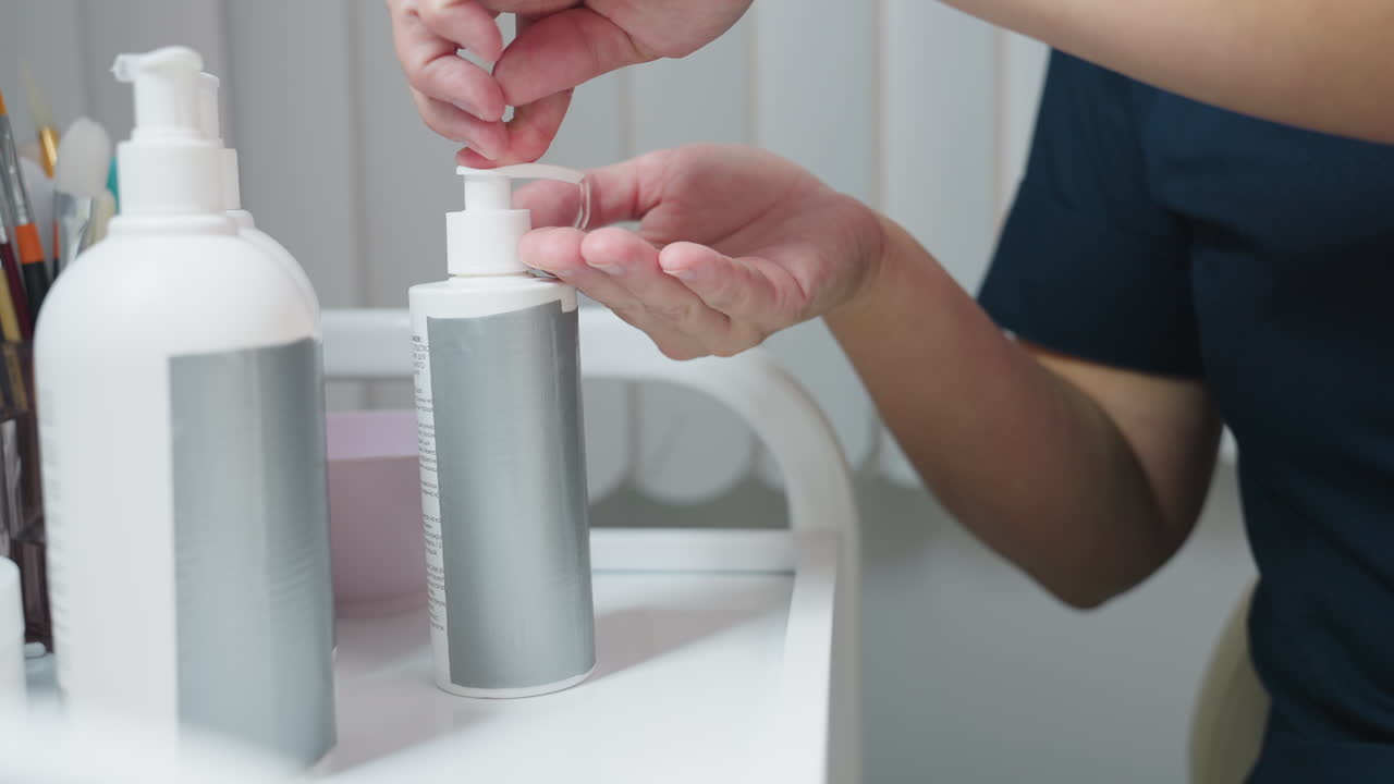 Wellness technician presses pump tip to dispense clear massage gel onto hands, bottle placed on white counter next to skincare tools, focus on hygienic application step in spa treatment preparation