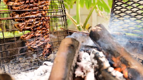 lamb rack of ribs, barbecued on its side next to the fire, fat dripping down from heat