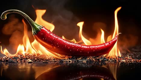fiery red chili pepper on flames
