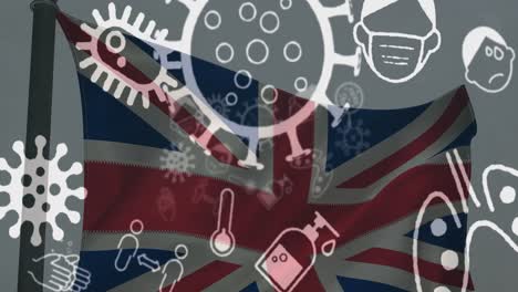 animation of covid 19 virus cells and digital icons over flag of uk