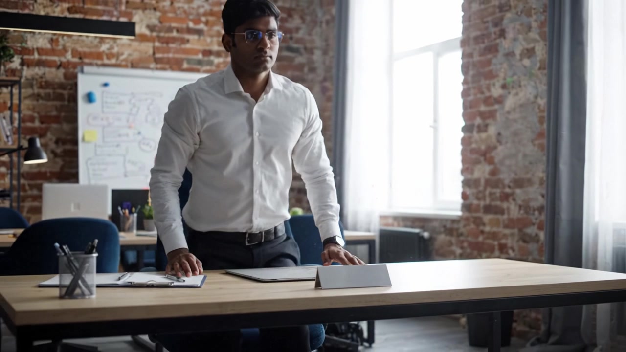 A Professional Man Engaged in Thoughtful Focus at His Workspace, Handling an Object on the Table in a Modern Office with a Constructive Atmosphere