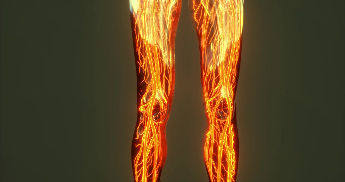 Anatomia detalhada dos vasos sanguíneos, incluindo veias e artérias, nas pernas humanas.