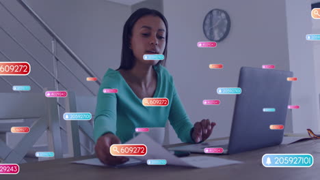 woman working at desk with colorful notification animations surrounding her