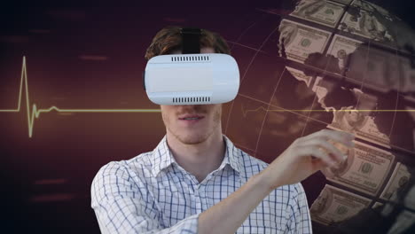 animation of businessman wearing vr headset and globe formed with american dollar banknotes