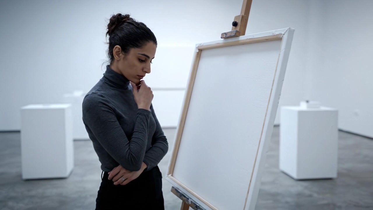 En ettertenksom kunstner forbereder seg på å skape på et blankt lerret i et minimalistisk kunststudio, og legemliggjør essensen av kreativitet og inspirasjon i ensomhet.